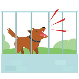 Cartoon dog barking behind fence.